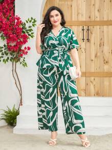 Modelyn Plus Allover Print Belted Blouse & Wide Leg Pants