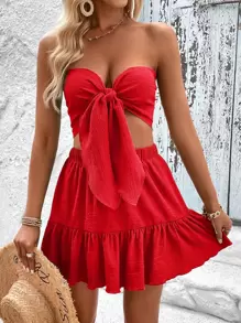 Soleia Bộ đồ hai mảnh nữ Viên lá sen Thắt nơ trước màu trơn Boho - Đỏ - Xem 7