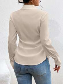 SHEIN Privé Solid Button Front Work Women White Shirt - Beige - View 2