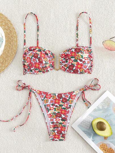 Swim Mod Summer Beach Floral Print Tie Side Bikini Set