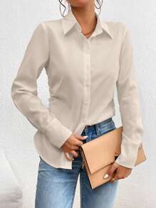 SHEIN Privé Solid Button Front Work Women White Shirt - Beige - View 4