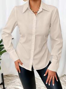 SHEIN Privé Solid Button Front Work Women White Shirt - Beige - View 5