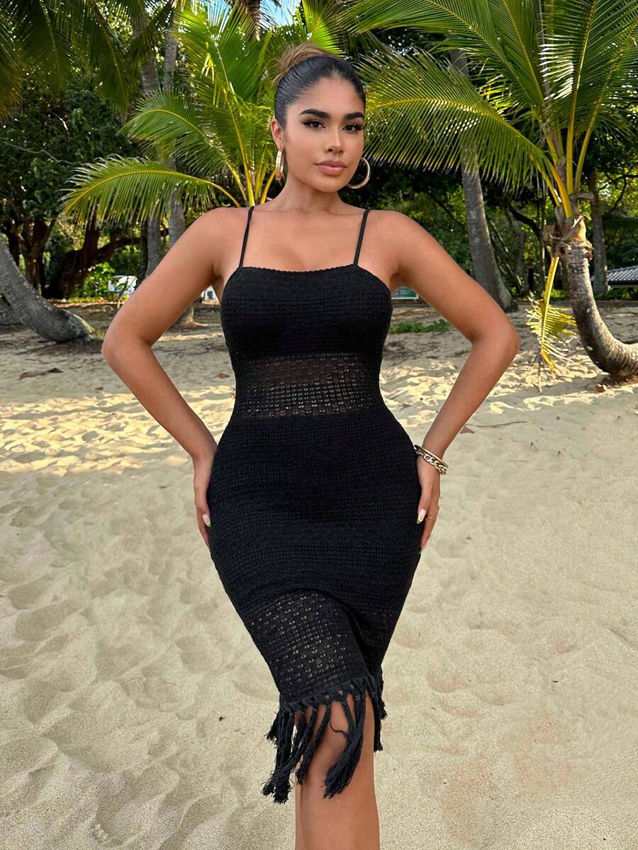 SHEIN SXY Fringe Hem Cami Bodycon Dress - Black - View 1