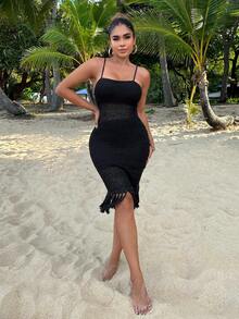 SHEIN SXY Fringe Hem Cami Bodycon Dress - Black - View 4