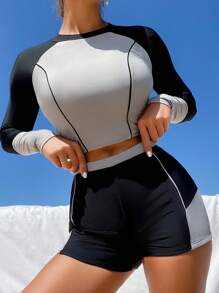 Colorblock High Neck Shorts Rashguard Summer Beach - Multicolor - View 2