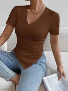 SHEIN Essnce Camiseta unicolor fruncido bajo hanky - Marrón - Ver 1