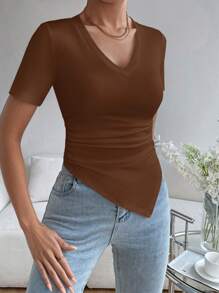 SHEIN Essnce Camiseta unicolor fruncido bajo hanky - Marrón - Ver 4