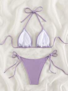 Swim Mod Đồ bơi nữ vải đặc biệt màu tím xuân/hè 2026, quần bikini hai mảnh buộc dây hai bên gợi cảm màu trơn, dây mảnh - Màu tím hoa cà - Xem 3