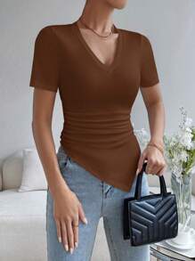 SHEIN Essnce Camiseta unicolor fruncido bajo hanky - Marrón - Ver 6