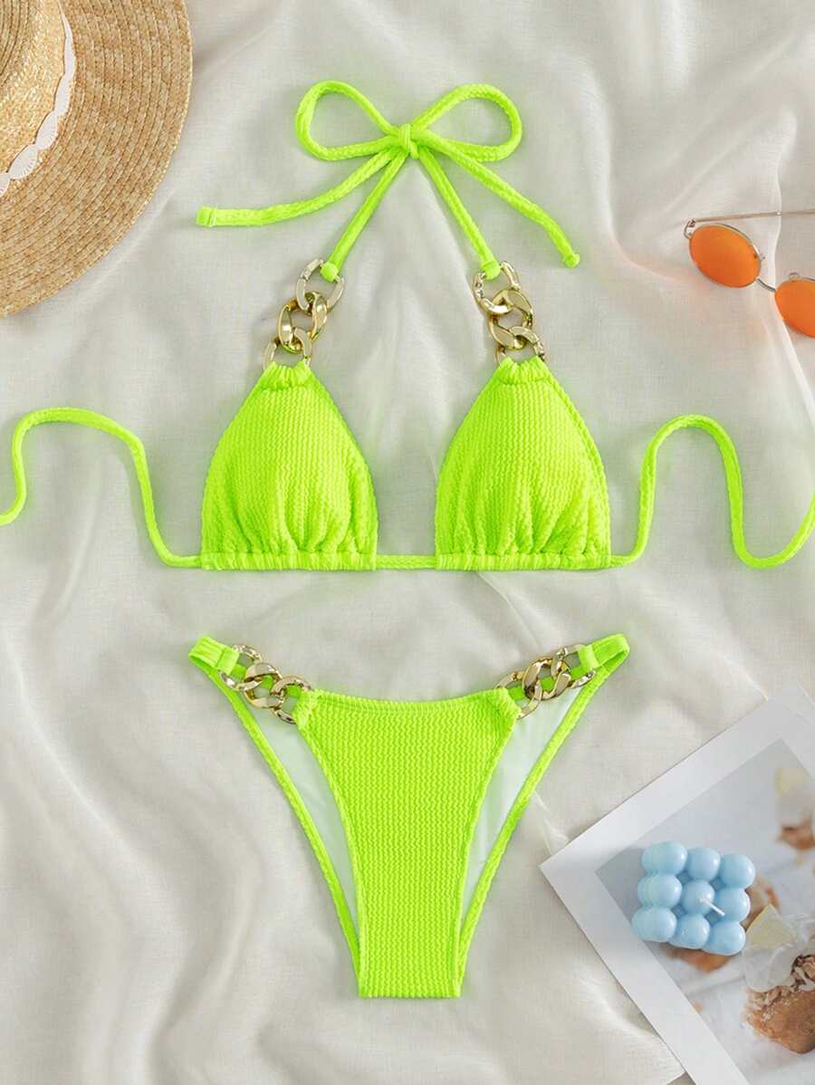 SHEIN Swim Summer Beach Chain Linked Halter Triangle Neon Bikini Set ...