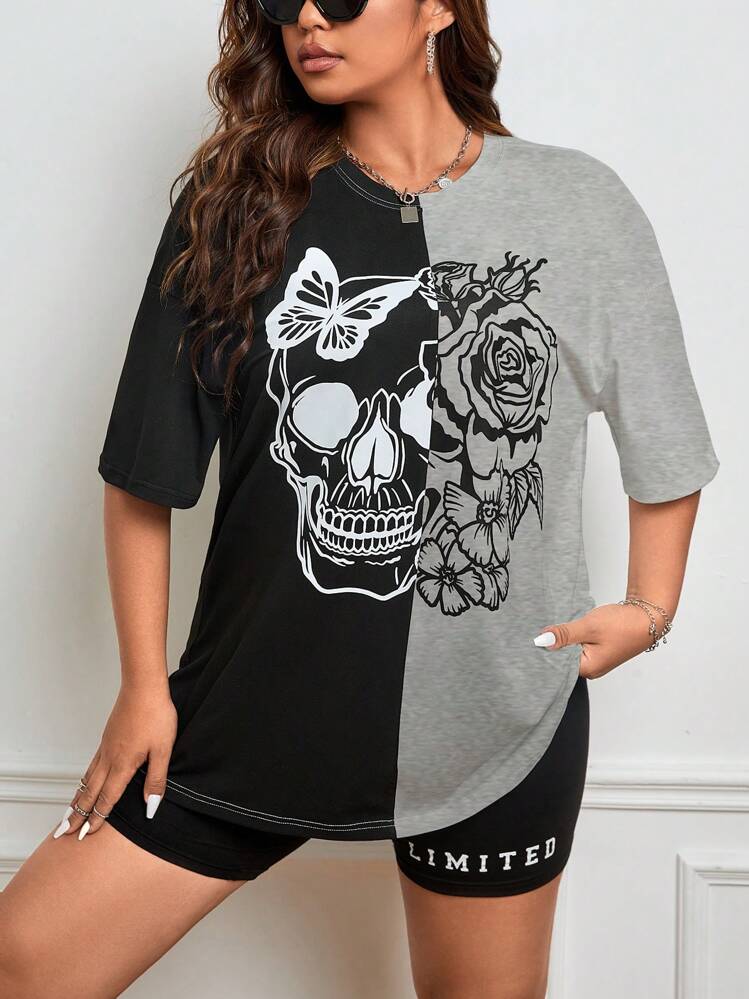SHEIN EZwear בתוספת פרחים והדפסי גולגולת חולצת כתף דו-גוונית לקיץ - ריבוי צבעים - ראה 3