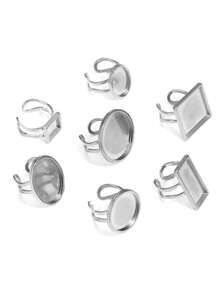 4pcs Stainless Steel Rectangular & Round Ring Bases, Suitable For Women DIY Jewelry Making - Silver - View 1