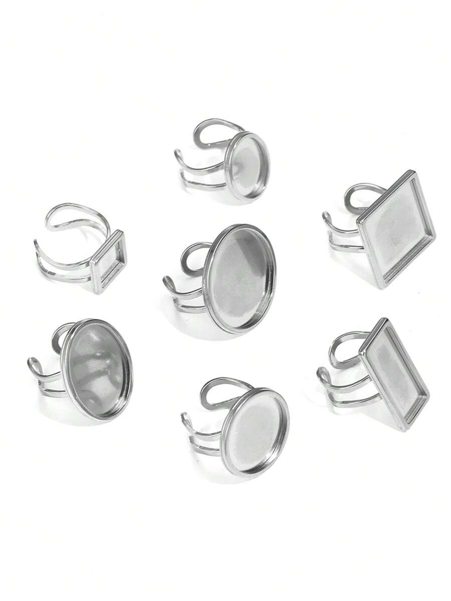 4pcs Stainless Steel Rectangular & Round Ring Bases, Suitable For Women DIY Jewelry Making - Silver - View 1