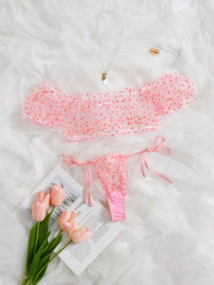 Set de lencería con estampado de corazón de hombros descubiertos - Rosa - Ver 1