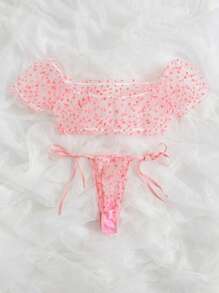 Set de lencería con estampado de corazón de hombros descubiertos - Rosa - Ver 2