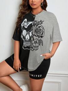 SHEIN EZwear Plus Floral & Skull Print Two Tone Drop Shoulder Tee For Summer - Multicolor - View 4