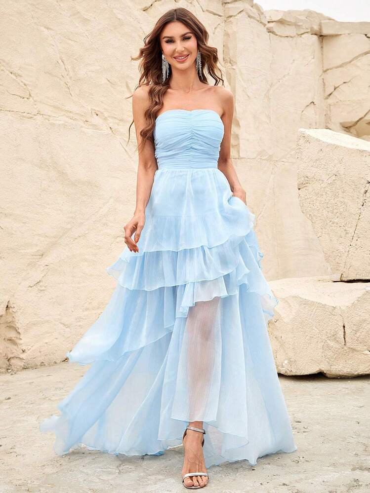 Busto Franzido Camada Bainha Chiffon Tubo Vestido De Dama De Honra - Baby Azul - Ver 1