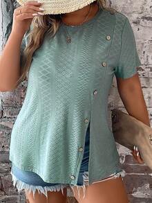 SHEIN LUNE Plus Eyelet Embroidery Button Detail Split Hem Tee - Green - View 8