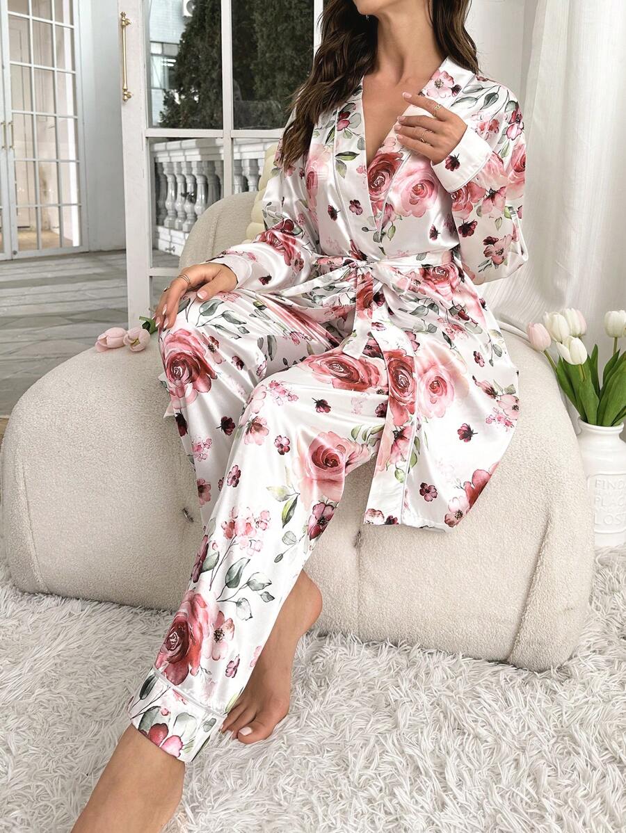 Floral Print Belted Satin PJ Set - White - View 1