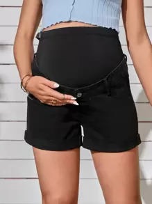 SHEIN 孕婦寬腰帶卷邊牛仔短褲