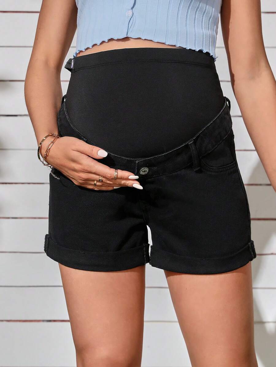 SHEIN 孕婦寬腰帶卷邊牛仔短褲