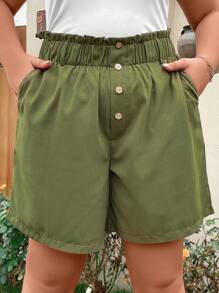 SHEIN LUNE Plus Paperbag Waist Button Front Shorts - Army Green - View 6