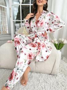 Floral Print Belted Satin PJ Set - White - View 4