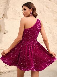 Vestido De Fiesta Con Lentejuelas De Un Hombro - Rosa Fucsia - Ver 2