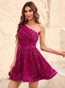 Vestido De Fiesta Con Lentejuelas De Un Hombro - Rosa Fucsia - Ver 3