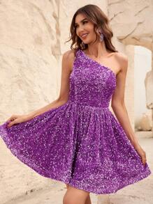 One Shoulder Sequin Party Dress - Purple - View 4