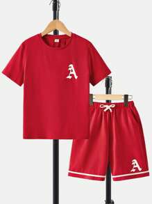 SHEIN Boys Letter Graphic Tee & Drawstring Waist Shorts - Red - View 1
