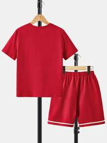 SHEIN Boys Letter Graphic Tee & Drawstring Waist Shorts - Red - View 2