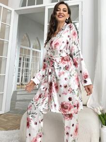 Floral Print Belted Satin PJ Set - White - View 5