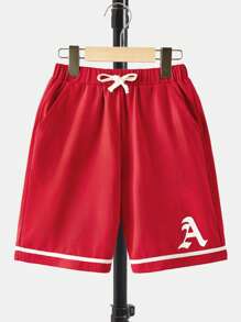 SHEIN Boys Letter Graphic Tee & Drawstring Waist Shorts - Red - View 4