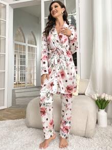 Floral Print Belted Satin PJ Set - White - View 6