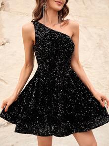 Single-Shoulder Sleeveless Sparkling Sequin Mini A-Line Party Dress For Summer Evening Events - Black - View 4