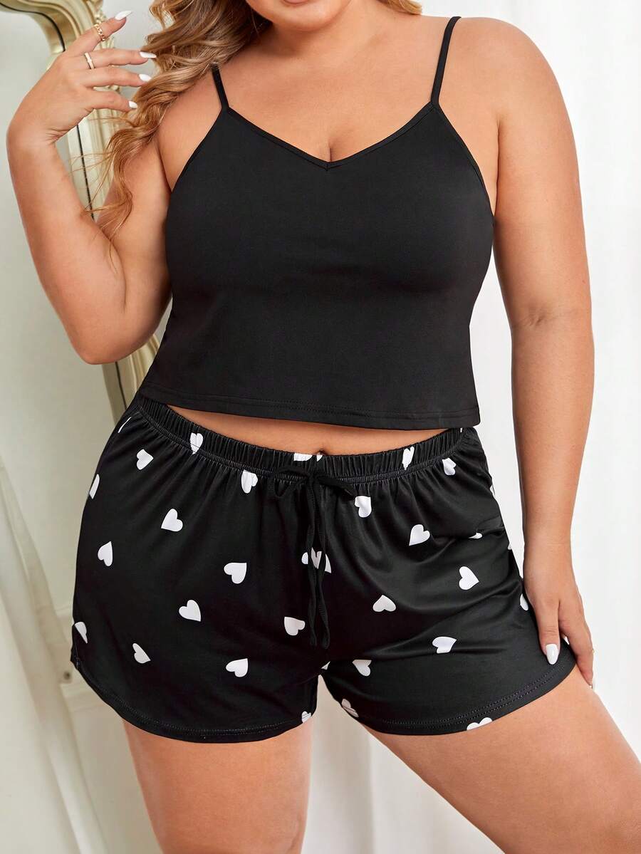 Plus Heart Print Cami Top & Shorts PJ Set - Black - View 1