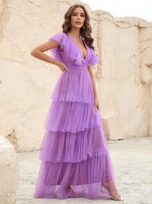 Faeriesty 深V領荷葉邊網紗覆蓋連衣裙 - 紫色 - 查看 6