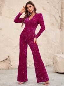 Faeriesty Bộ jumpsuit dài tay cổ chữ V đính sequin, ống loe. - Màu Hồng Tươi - Xem 1