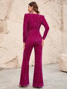 Faeriesty Bộ jumpsuit dài tay cổ chữ V đính sequin, ống loe. - Màu Hồng Tươi - Xem 2