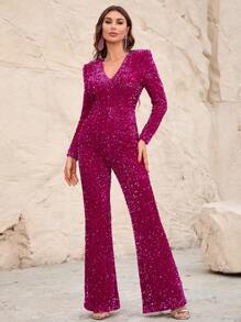 Faeriesty Bộ jumpsuit dài tay cổ chữ V đính sequin, ống loe. - Màu Hồng Tươi - Xem 4