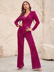Faeriesty Bộ jumpsuit dài tay cổ chữ V đính sequin, ống loe. - Màu Hồng Tươi - Xem 5