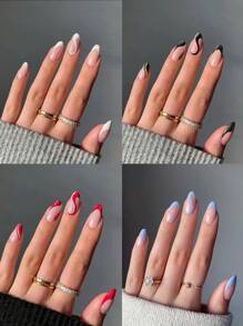 Elevate Your Style With, 24pcs Long Almond White French &Simple Stripe Design Fake Nail Set, , For Women Girls Daily Wear Press On Nails Nail Supplies - Multicolor - View 1