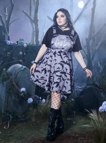 Corpse Bride | ROMWE Plus Bird & Letter Graphic Overall Dress Without Tee - Dusty Purple - View 4
