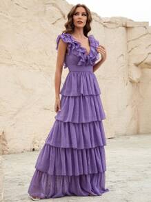 Váy phù dâu chấm bi Thụy Sĩ viền bèo nhún Váy thanh lịch - Màu tím - Xem 6