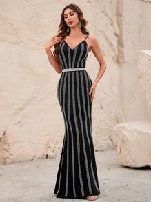 水鑽細節魚尾裙下擺吊帶連衣裙 - 黑色 - 查看 4