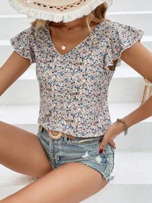 SHEIN Frenchy Áo thun nữ Tương phản ren Xù Buộc lại Họa tiết hoa Giải trí - Nhiều màu - Xem 2