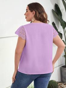 SHEIN Clasi Plus Contrast Lace Scallop Trim Blouse - Lilac Purple - View 2