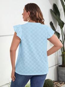SHEIN LUNE Áo thun Plus size Xù Tranh thêu màu trơn Giải trí - Màu xanh nhạt - Xem 2