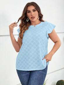 SHEIN LUNE Áo thun Plus size Xù Tranh thêu màu trơn Giải trí - Màu xanh nhạt - Xem 3